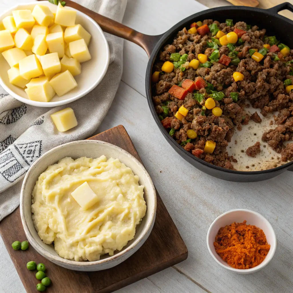 Step-by-step assembly of Shepherd's Pie with Velveeta cheese, showing sautéed vegetables, meat mixture, Velveeta cheese cubes, and mashed potatoes.