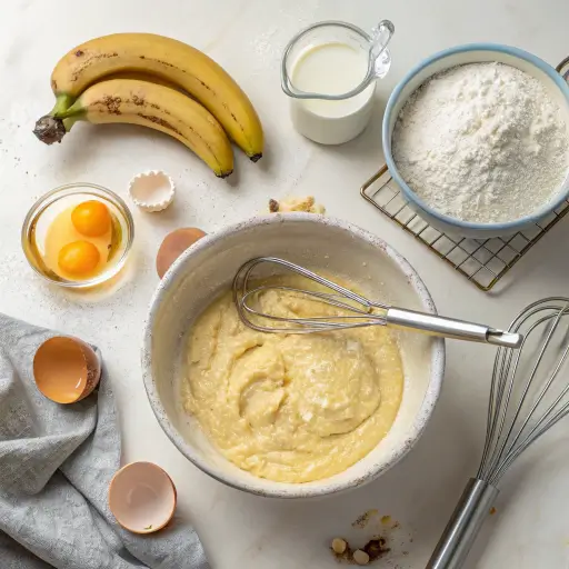 Baking preparation scene with ingredients including a bowl of batter with a whisk, cracked eggs, flour, bananas, and other baking tools arranged on a light-colored surface.