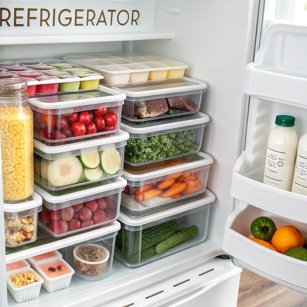 Organized refrigerator with clear containers storing various foods.