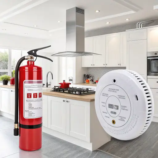 Modern kitchen with white cabinets, a stainless steel range hood, a gas stove, and a red fire extinguisher alongside a white smoke detector.