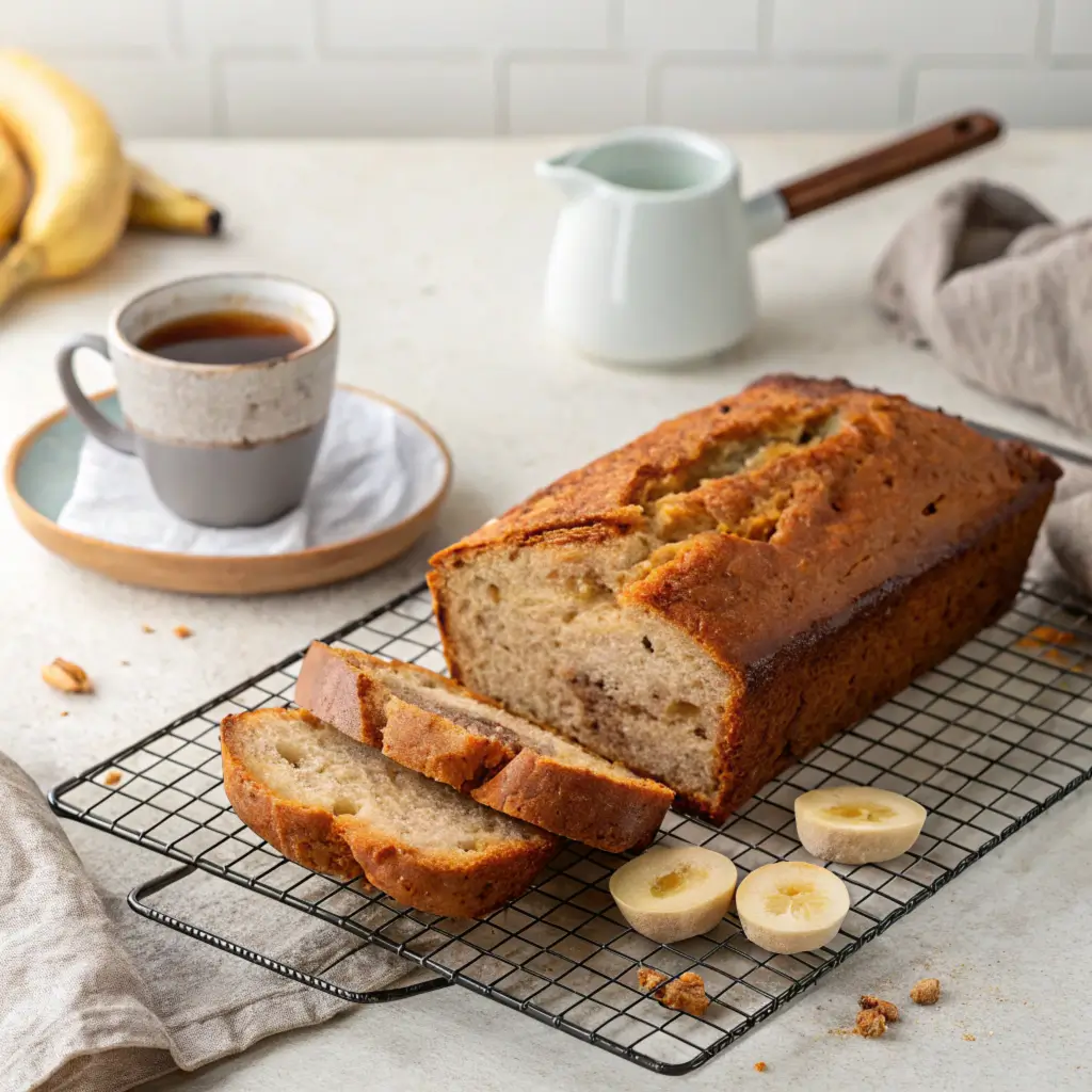 Freshly baked loaf of banana bread on a cooling rack with two slices cut from it, accompanied by a cup of coffee and a bunch of bananas