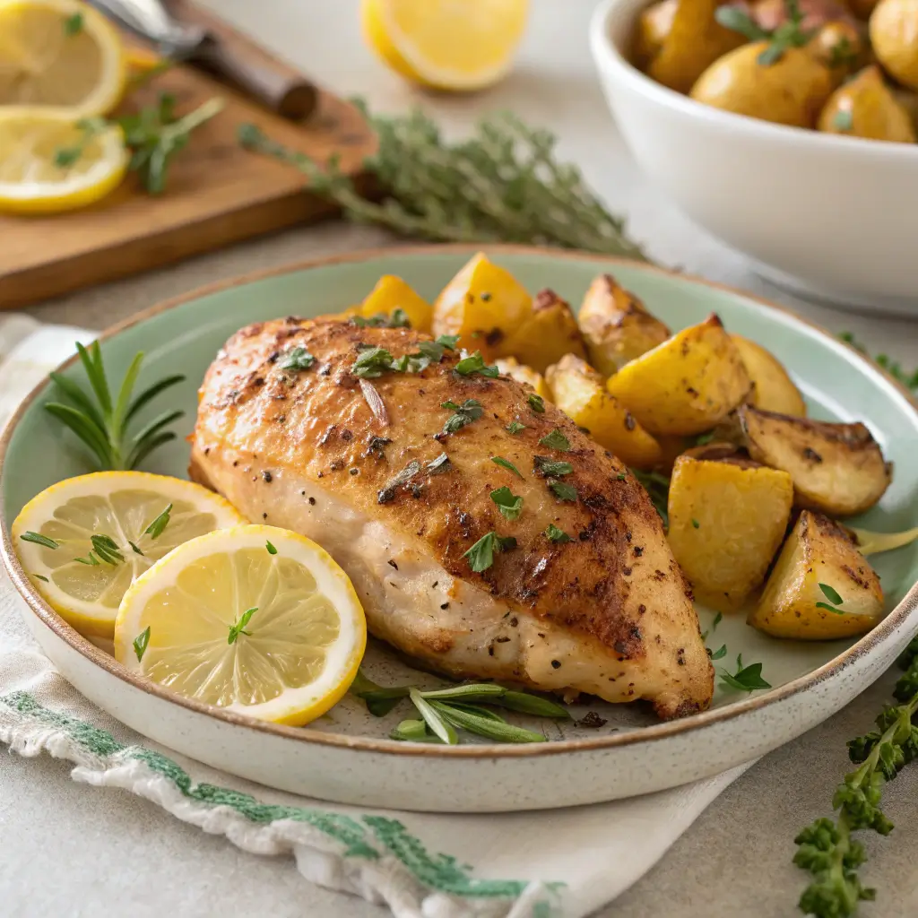 Golden crispy Greek lemon chicken with potatoes