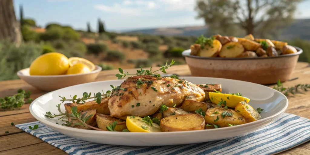 Greek lemon chicken and potatoes served on a rustic table