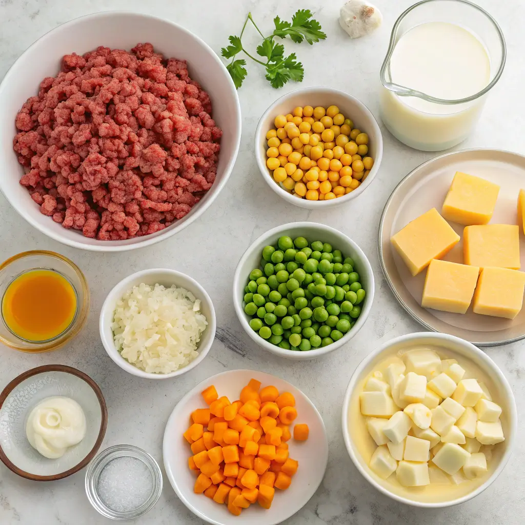 Ingredients for Shepherd's Pie with Velveeta cheese arranged on a kitchen counter.