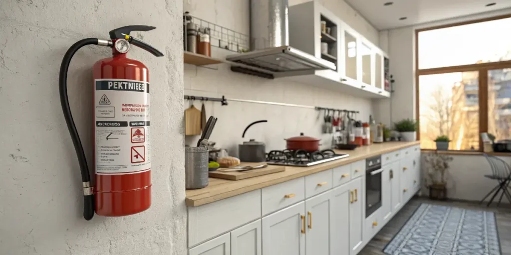 Fire extinguisher mounted on a kitchen wall.