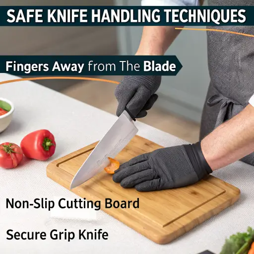 Safe knife handling techniques: keeping fingers away from the blade, using a non-slip cutting board, and maintaining a secure grip.