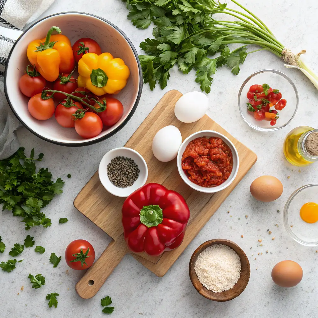 Fresh ingredients for shakshuka recipe on a kitchen counter.