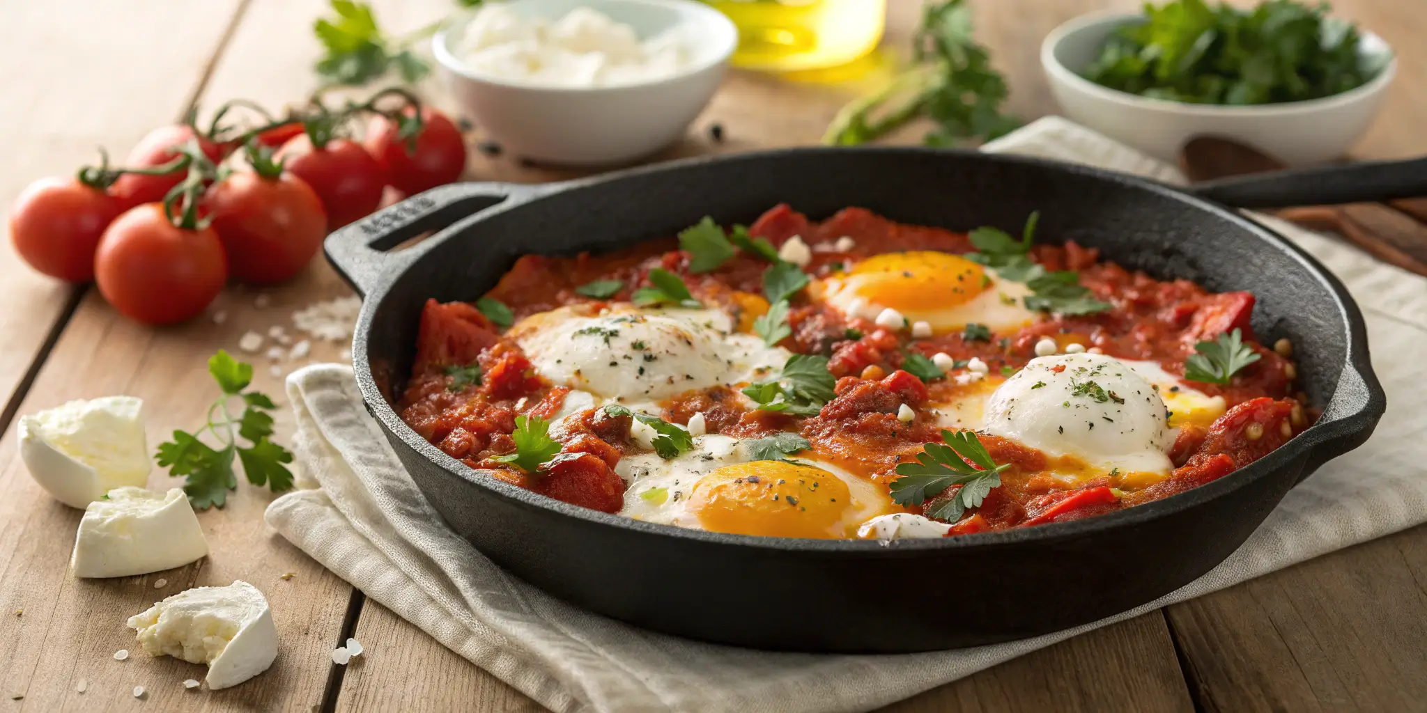 Vibrant shakshuka recipe in a cast-iron skillet with poached eggs and fresh herbs.