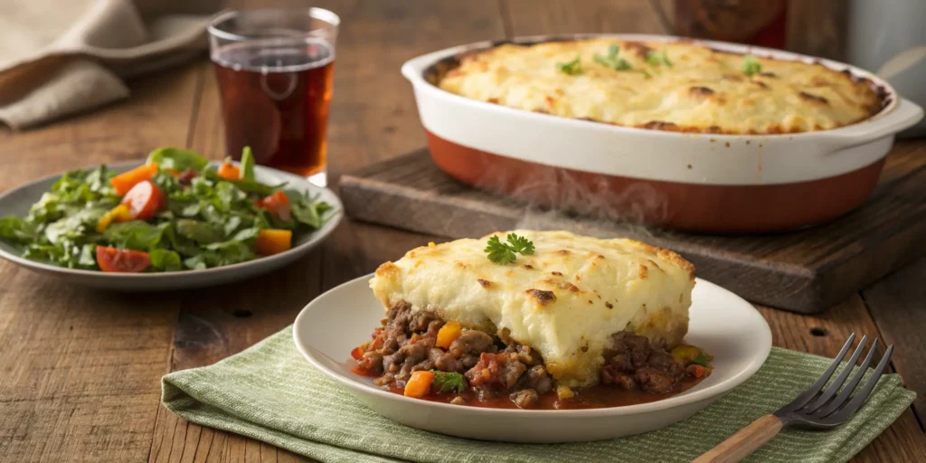 A beautifully plated Shepherd's Pie with a golden-brown, cheesy topping, steam rising, and garnished with fresh parsley.