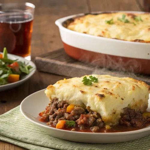 A beautifully plated Shepherd's Pie with a golden-brown, cheesy topping, steam rising, and garnished with fresh parsley.