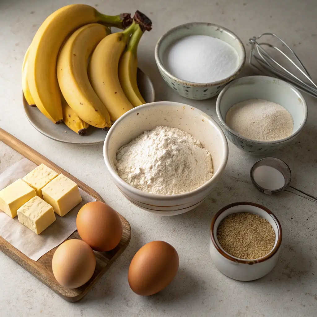 Ingredients for banana bread recipe with 2 bananas.