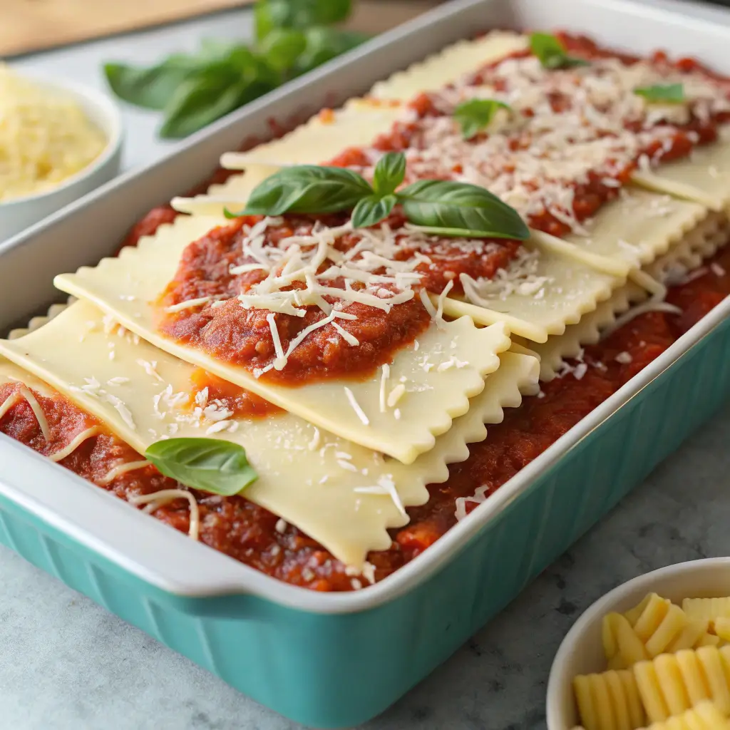 Assembling lasagna with layers of sauce, noodles, and cheese.