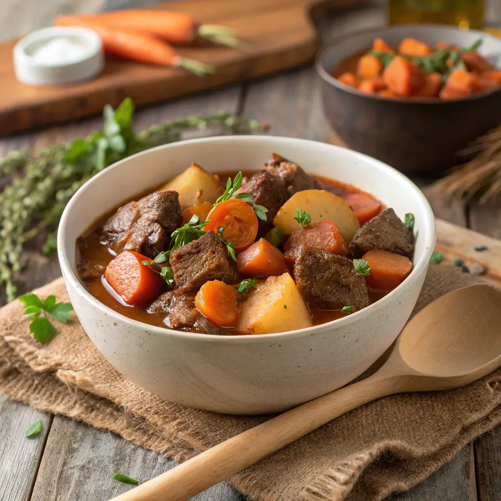 Classic ranch beef stew with root vegetables.