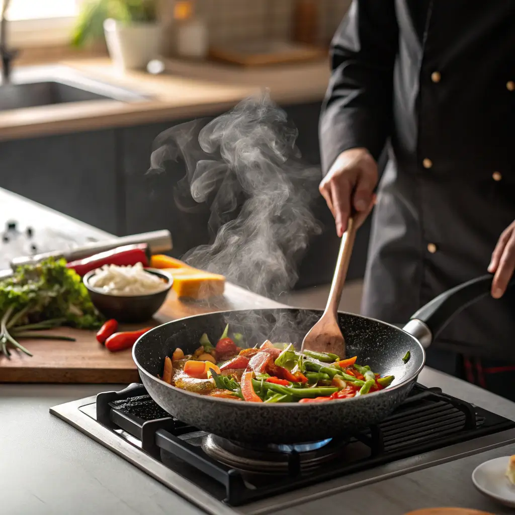 Chef preparing Terra Massoud recipe with fresh ingredients in a pan.