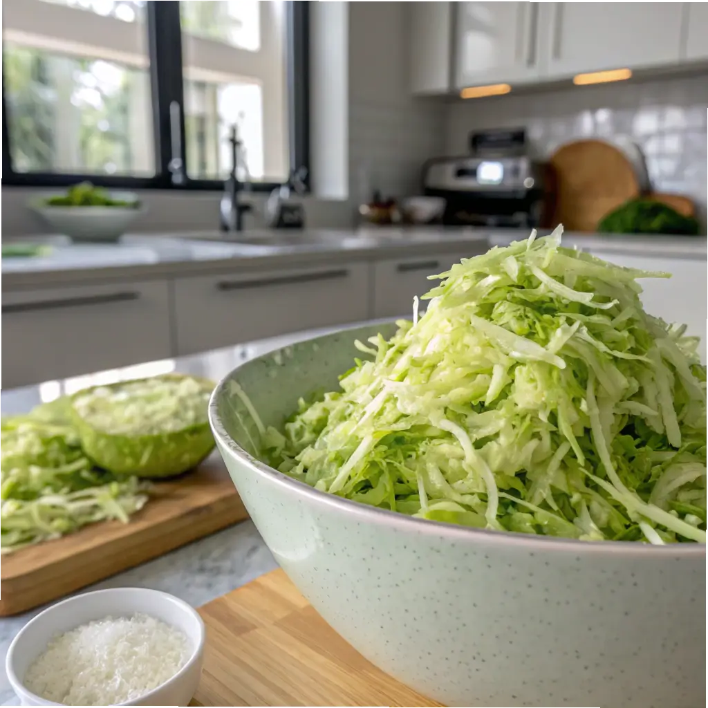 Close-up of shredded cabbage being massaged with salt in a bowl