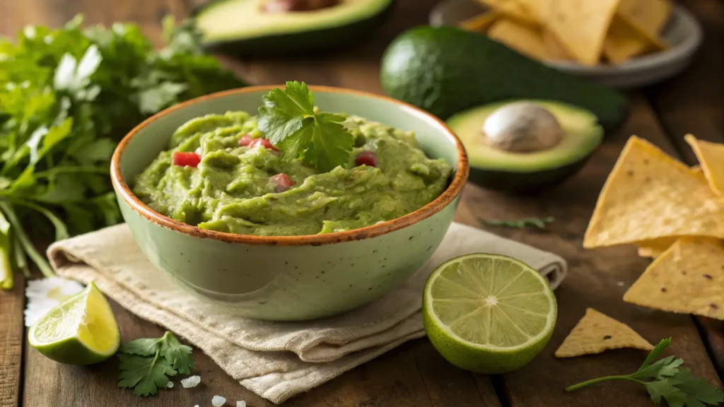 Fresh guacamole in a bowl with tortilla chips