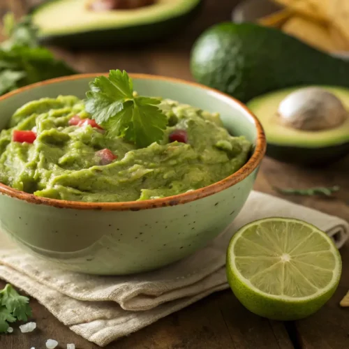 Fresh guacamole in a bowl with tortilla chips