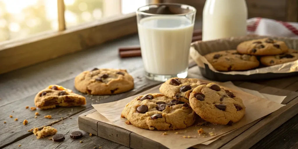 Freshly baked Chick-fil-A cookies with chocolate chips and a glass of milk.