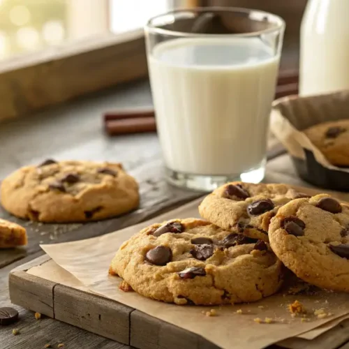 Freshly baked Chick-fil-A cookies with chocolate chips and a glass of milk.