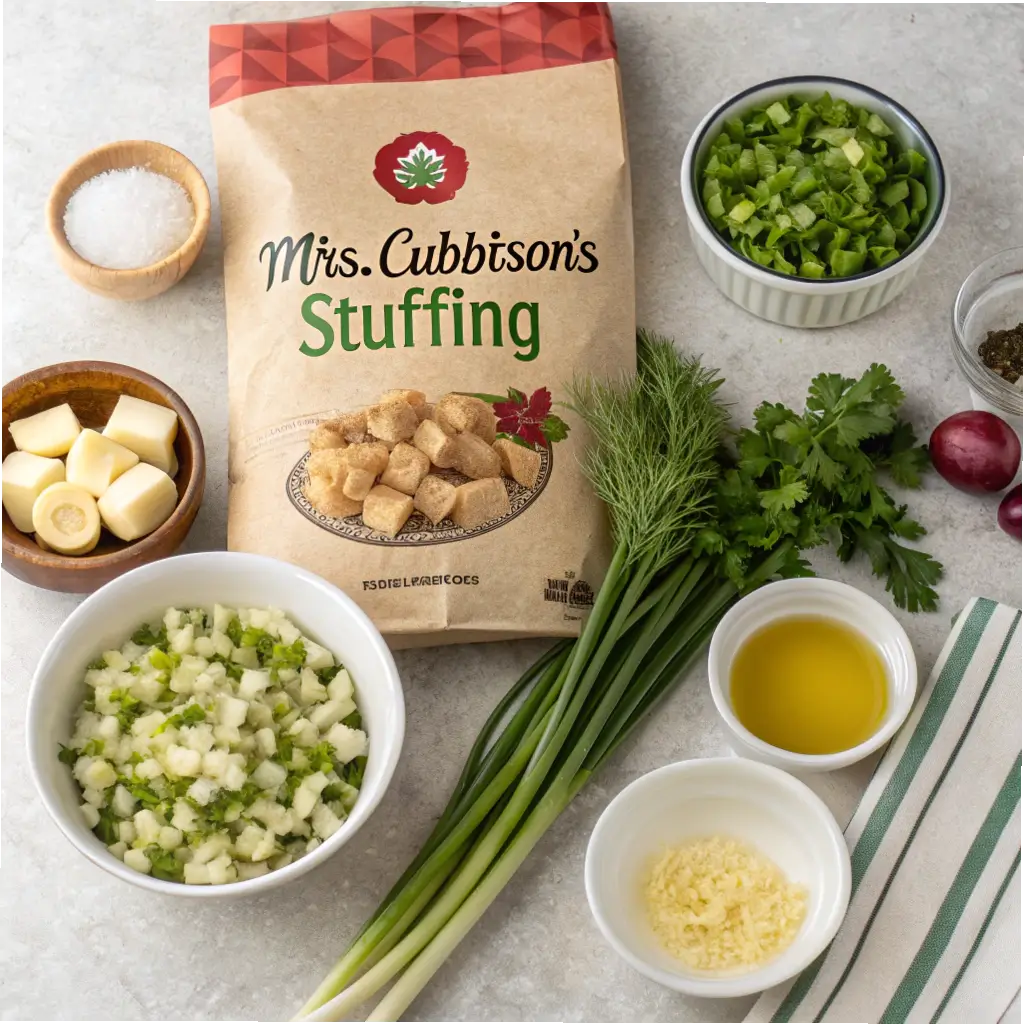 Ingredients for Mrs. Cubbison’s stuffing recipe arranged on a kitchen countertop.