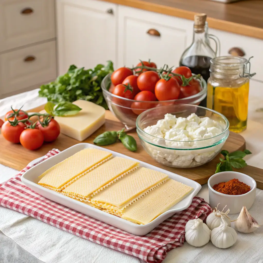 Ingredients for Ronzoni lasagna: noodles, cheese, tomatoes, and garlic.