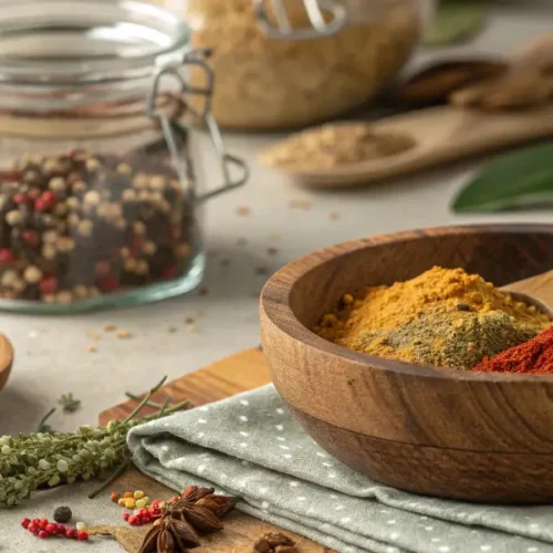 Homemade sausage seasoning ingredients on a rustic kitchen counter.