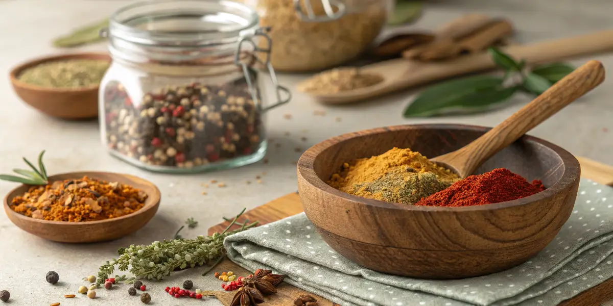 Homemade sausage seasoning ingredients on a rustic kitchen counter.