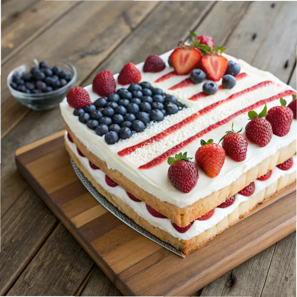 American flag cake decorated with fresh berries and white frosting.