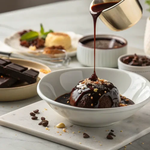 Luxurious bowl of velvety chocolate sauce in a modern kitchen