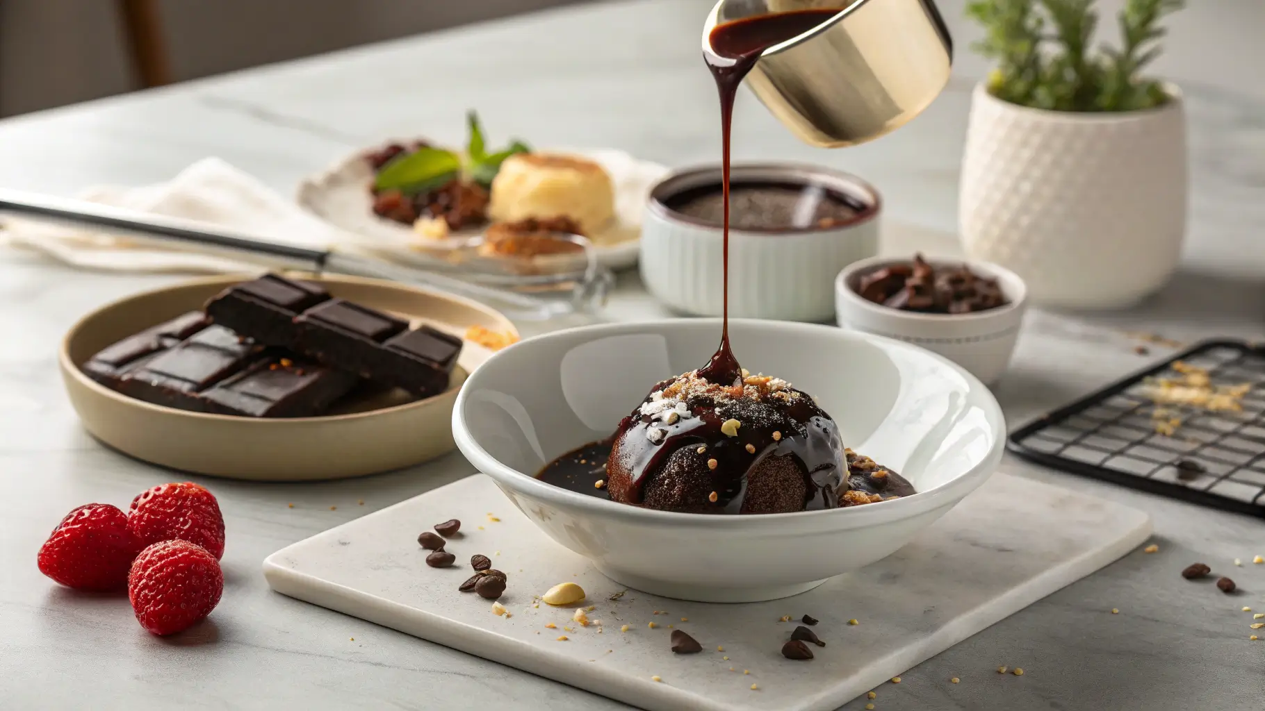 Luxurious bowl of velvety chocolate sauce in a modern kitchen