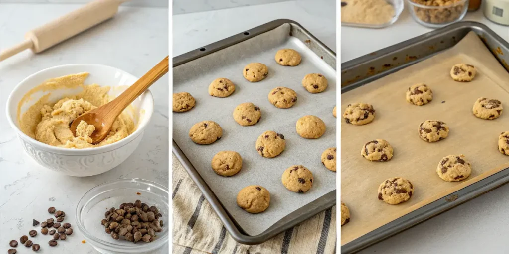 Step-by-step collage of making Chick-fil-A cookies, from mixing to baking.