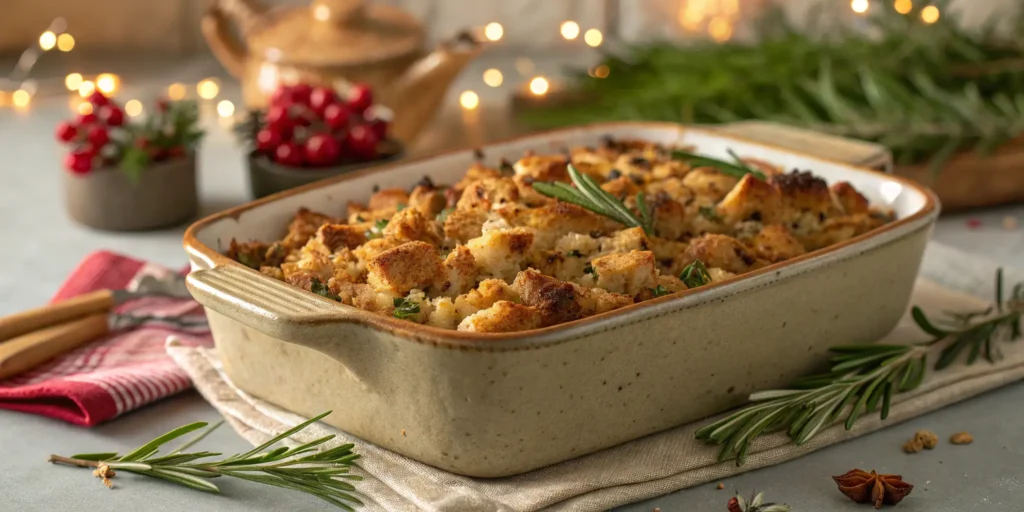 A beautifully presented Mrs. Cubbison’s stuffing in a rustic baking dish, garnished with fresh herbs