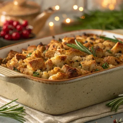 A beautifully presented Mrs. Cubbison’s stuffing in a rustic baking dish, garnished with fresh herbs