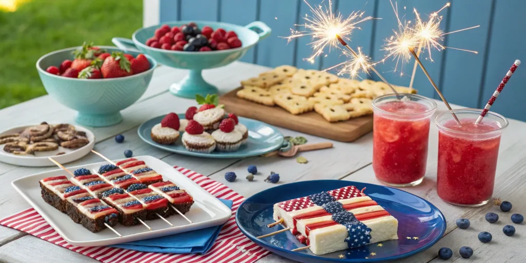 Patriotic recipes with red, white, and blue dishes for a summer celebration.