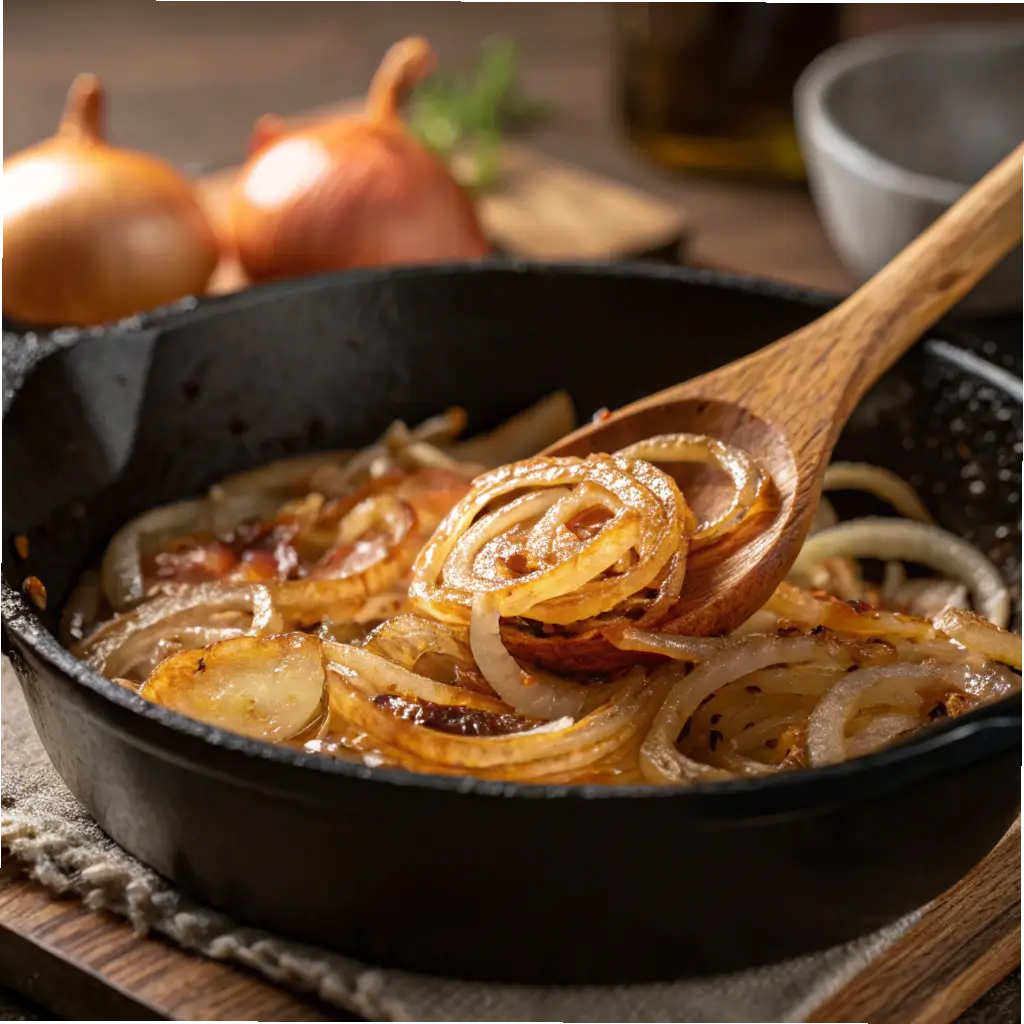 Caramelized onions cooking in a skillet for French Onion Chicken and Rice.