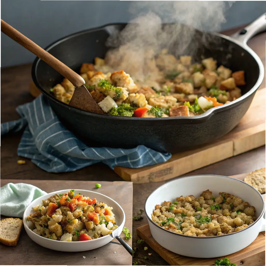 Step-by-step preparation of Mrs. Cubbison’s stuffing, showing sautéing vegetables, mixing, and ready for baking.