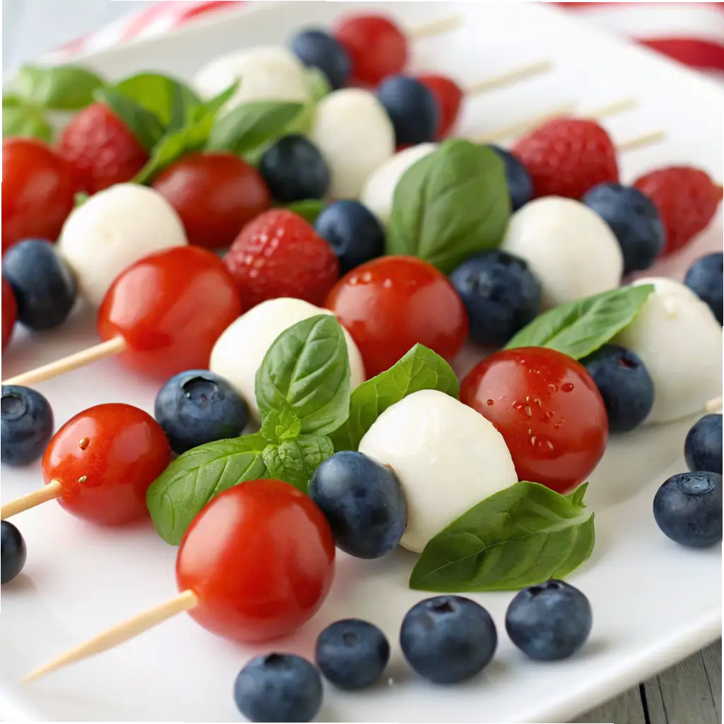 Patriotic caprese skewers with tomatoes, mozzarella, and blueberries.