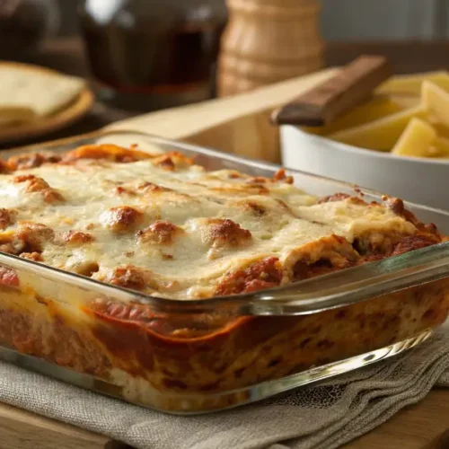 Freshly baked Ronzoni lasagna with melted cheese and rich layers.