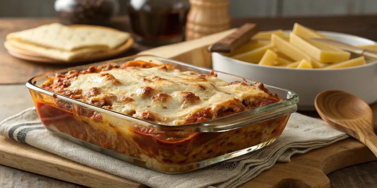 Freshly baked Ronzoni lasagna with melted cheese and rich layers.