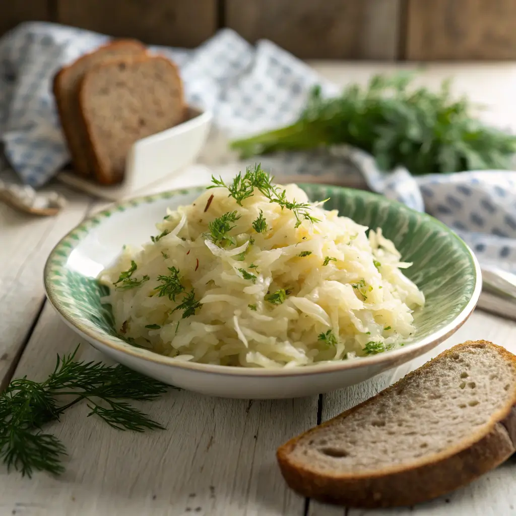 Serving plate with homemade sauerkraut garnished with fresh dill