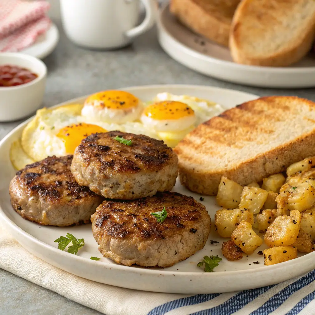 Sausage patties seasoned with homemade sausage seasoning, served with eggs and hashbrowns.