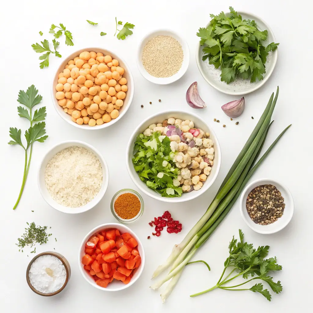 Flat lay of fresh ingredients for Terra Massoud recipe.