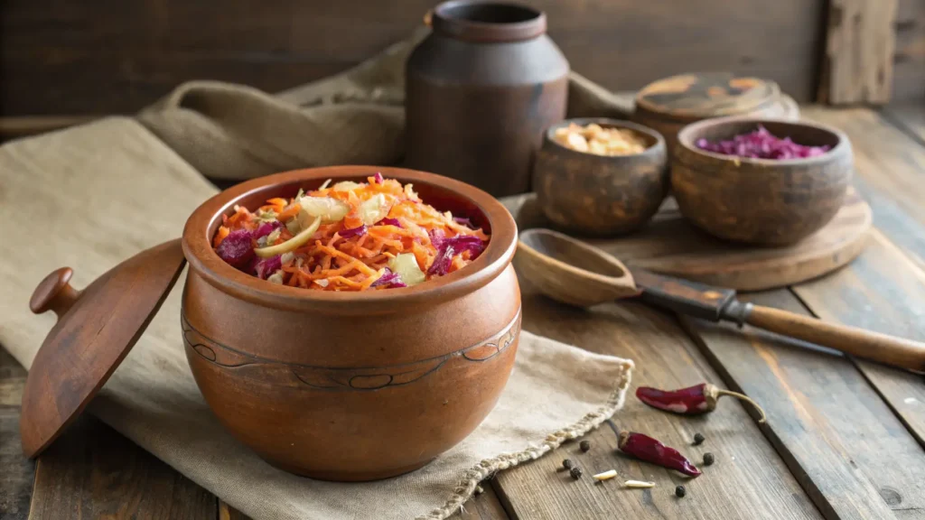 Vintage fermentation jar filled with tangy sauerkraut on a rustic wooden table