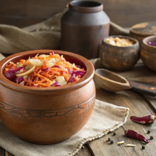 Vintage fermentation jar filled with tangy sauerkraut on a rustic wooden table