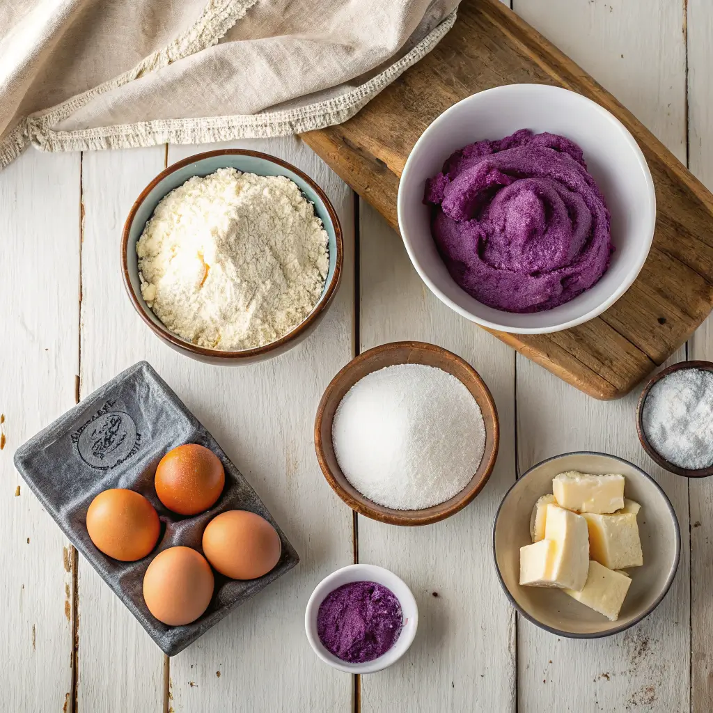 Ingredients for ube cupcakes, including ube halaya, flour, eggs, and milk.