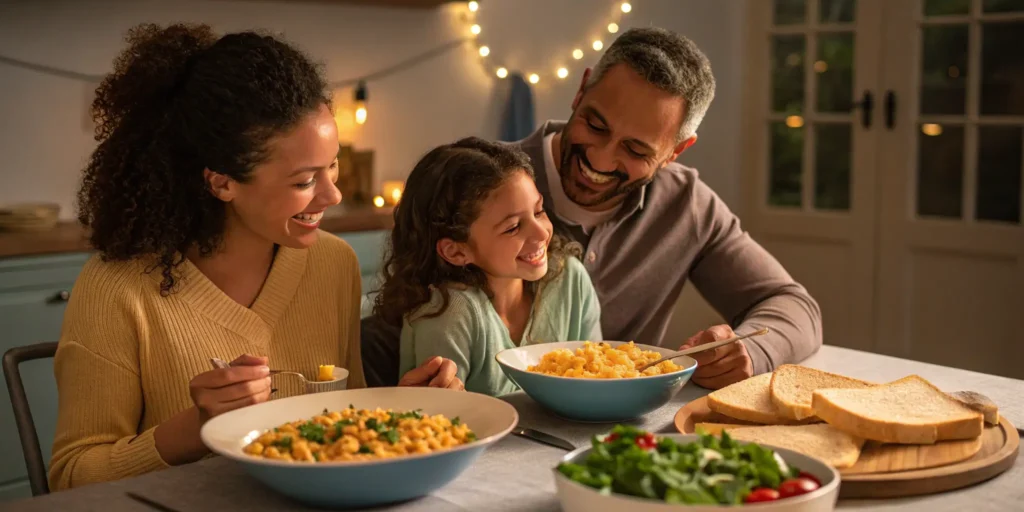 Family enjoying ditalini pasta with garlic bread and salad.