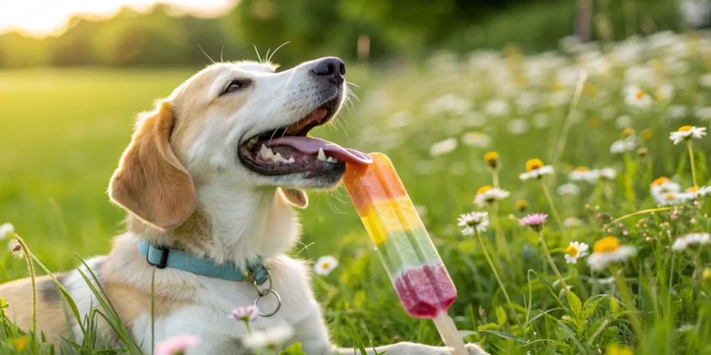 Happy dog enjoying a colorful pupsicle