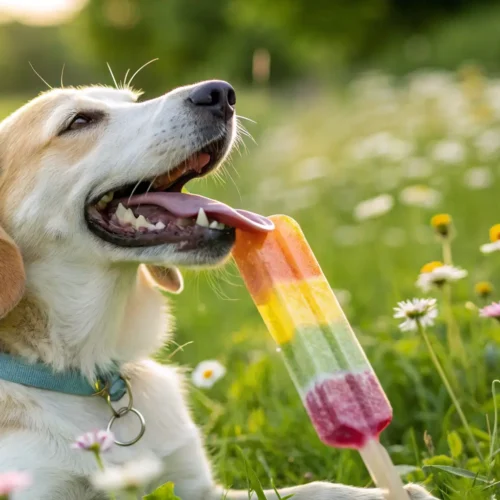 Happy dog enjoying a colorful pupsicle