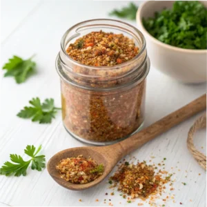 A jar of seasoning mix with a wooden spoon filled with spices, surrounded by fresh rosemary sprigs, dried chili peppers, green herbs, and sausages. Perfect for showcasing flavorful cooking ingredients and recipes.