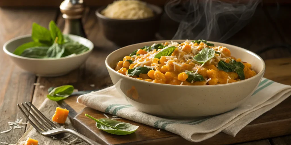 Creamy ditalini pasta with spinach and Parmesan cheese in a bowl